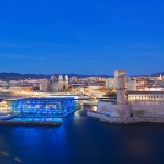 France, Bouches du Rhone (13), Marseille, 2e arrondissement, Zone Euromediterranee, Fort Saint Jean classe Monument Historique, MuCEM, Musee des Civilisations de l'Europe et de la Mediterranee R. Ricciotti et R. Carta architectes, la Cathedrale La Major (XIXe siecle) classe Monument Historique