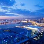 France, Bouches du Rhone (13), Marseille, 2e arrondissement, Zone Euromediterranee, MuCEM, Musee des Civilisations de l'Europe et de la Mediterranee, R. Ricciotti et R. Carta architectes, mise en lumiere : Yann Kersale, La Villa Mediterranee, architecte Stefano Boeri, la Cathedrale La Major (XIXe siecle) classe Monument Historique et le boulevard Euromediterranee, la tour CMA CGM, architecte Zaha Hadid en arriere plan