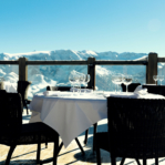 Alpine outdoor restaurant at ski resort in Alps, France